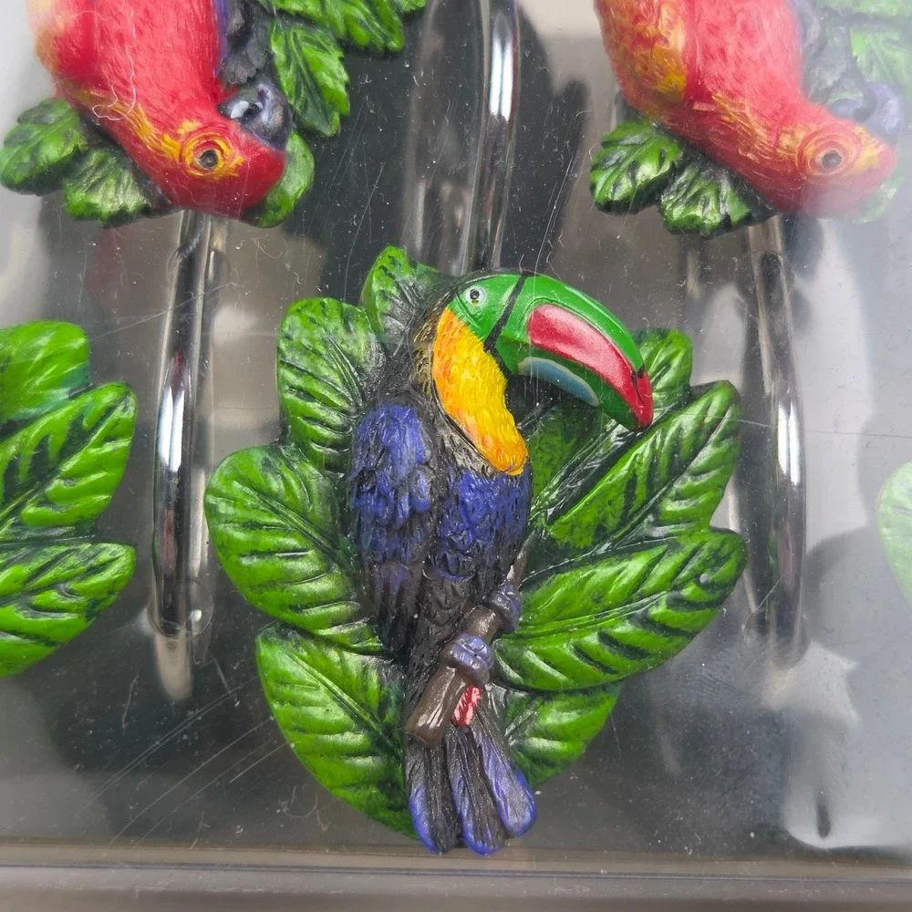 Vintage NOS Rainforest Shower Curtain Hooks Parrot Toucan Set of 12 Tropical